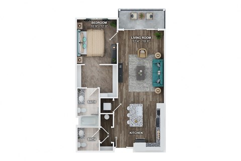 Floor plan for 1 bed, 1.5 baths, 821 sqft